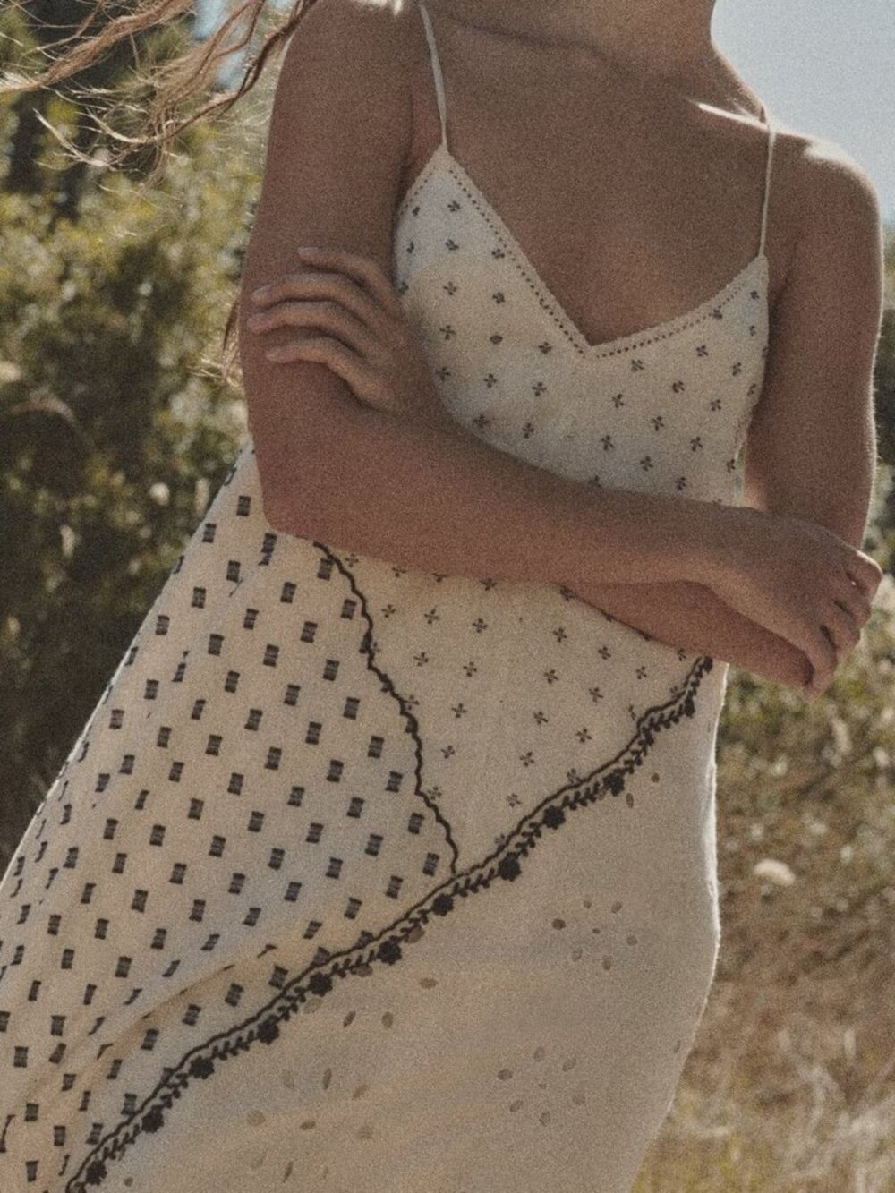 Lucky Brand Cream Midi Slip Dress with Black Dot & Line Print